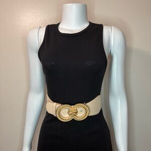 Beige PU leather elastic waistband double circle buckle belt